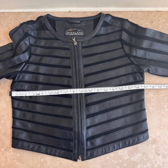 Overland Black Short Lamb Leather and Mesh Stripe Full Zip Jacket Womens Size XS - Picture 10 of 16